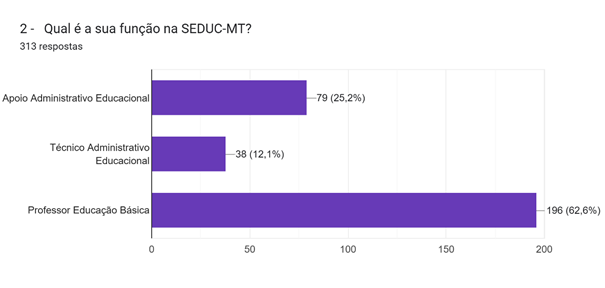Gráfico de respostas do Formulários Google. Título da pergunta: 2 -   Qual é a sua função na SEDUC-MT?. Número de respostas: 313 respostas.